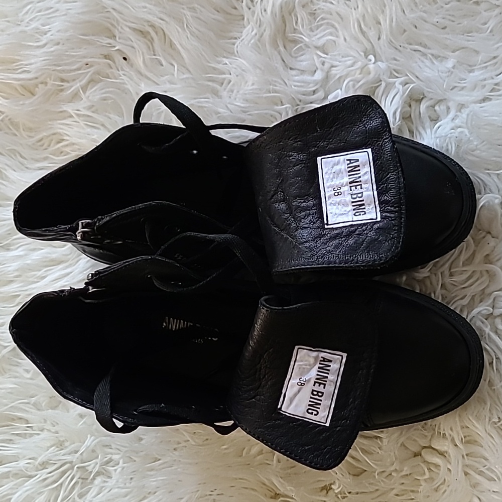 Anine Bing Womens Sz 38 Black Leather Zip Up High Top Boots Shoes